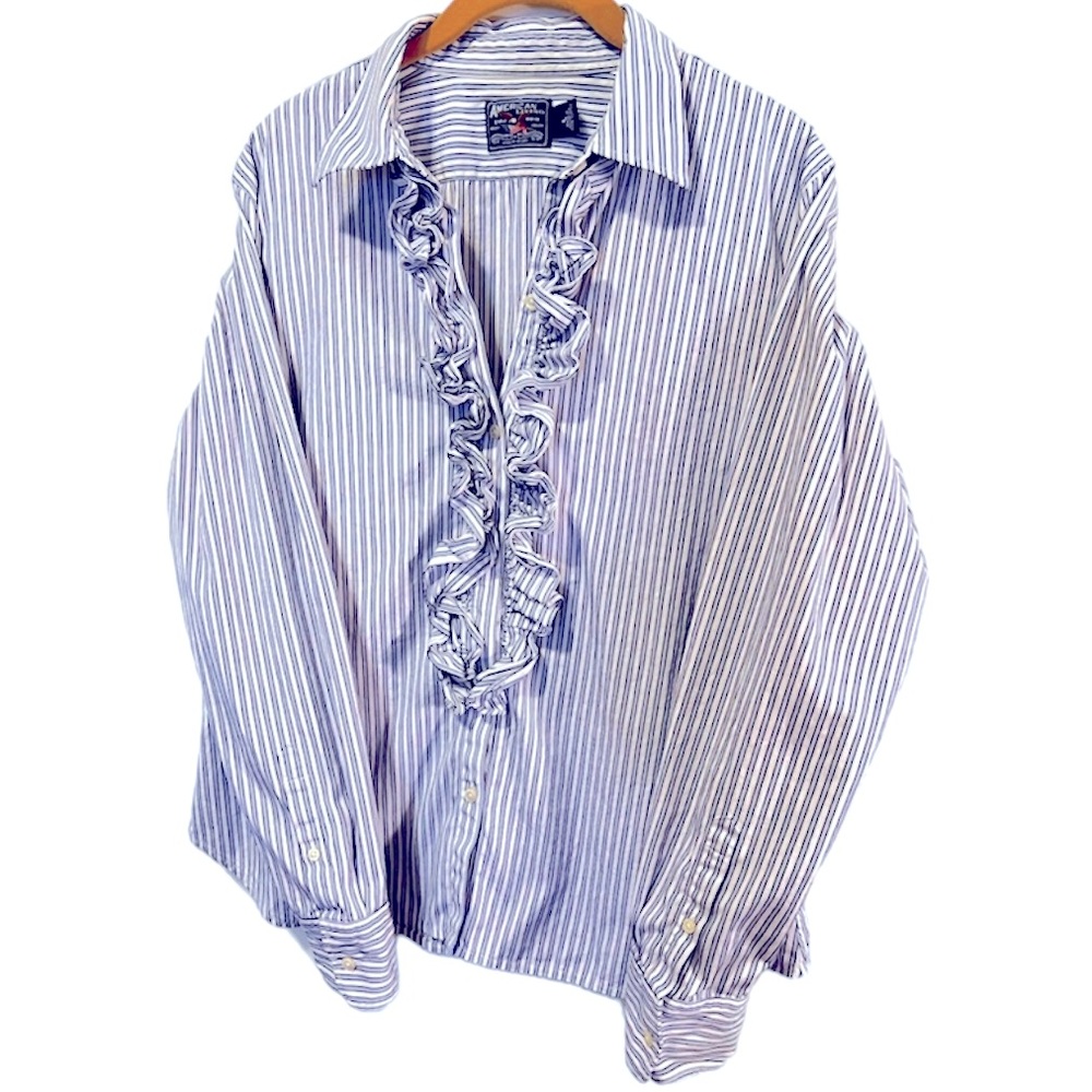 American Living Ruffled Navy/White Pinstriped Long Sleeve Button Blouse. Size=L
